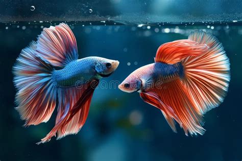 A Vibrant Photo Showcasing Two Siamese Fish One Red And One Blue