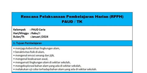 Download Contoh Rpph Paud Dan Tk Sederhana Mudah Ditiru Format Ms