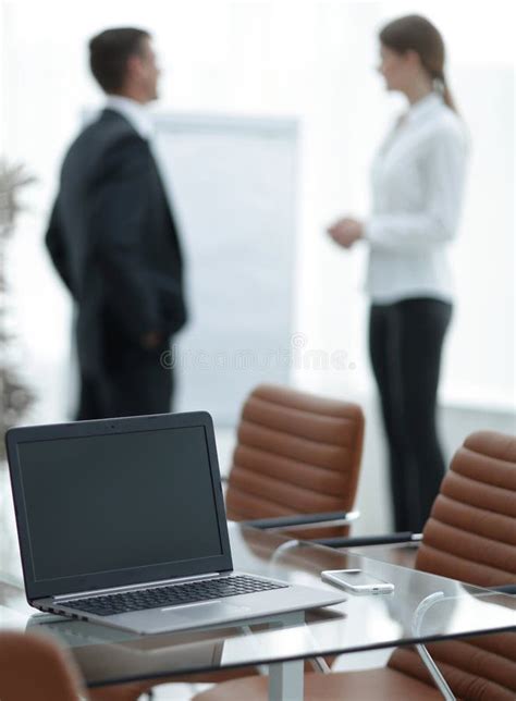 Open Laptop On The Desktop In The Conference Room Stock Image Image