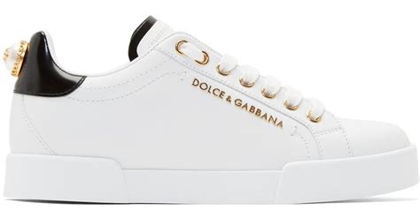 Dolce And Gabbana Leather White Pearl Portofino Sneakers Lyst