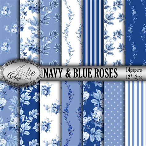 Blue Floral Digital Paper Navy And Blue Roses Digital Paper Etsy