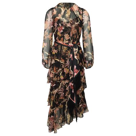 Zimmermann Wavelength Floral Tiered Ruffle Tie Waist Midi Dress In