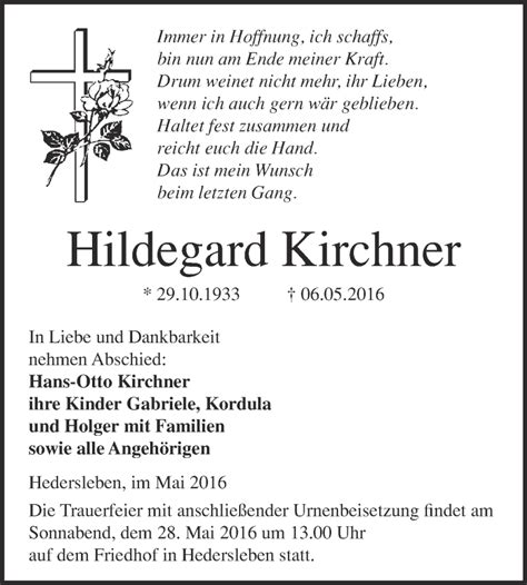 Traueranzeigen Von Hildegard Kirchner Abschied Nehmen De