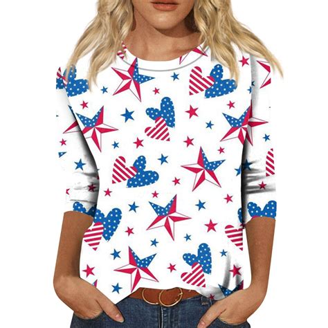 Gipqjk 4th Of July American Flag 34 Sleeve Shirt For Women Usa Star Stripes Fourth July Tee