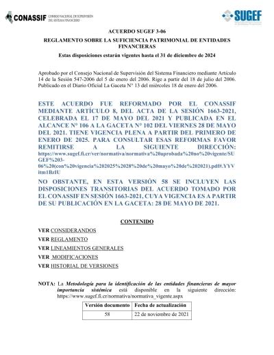 ACUERDO SUGEF 3 06 REGLAMENTO SOBRE LA SUFICIENCIA PATRIMONIAL DE