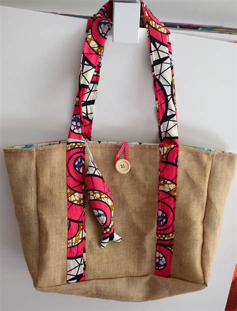 Tote Bag Sac Cabas Toile De Jute Pagne Wax Rose Violet Sardine De La