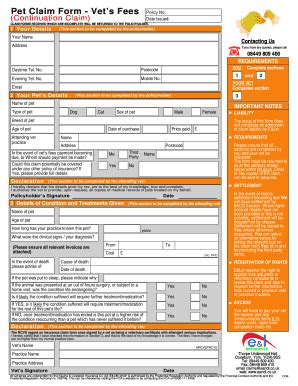 Fillable Online Pet Claim Form Vets Fees Continuation Claim Fax Email