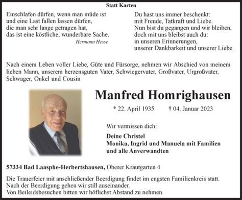 Traueranzeigen Von Manfred Homrighausen Trauer In Nrw De