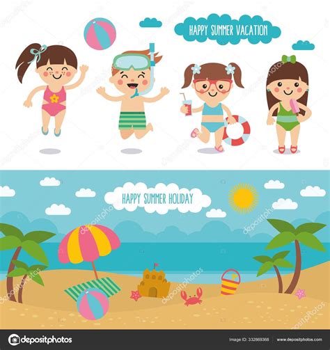 Happy summer vacation. Awesome cartoon beach landscape and funny kids ...