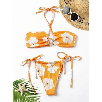 Emmiol Free Shipping Floral Halter Thong Bikini Swimsuit Yellow S