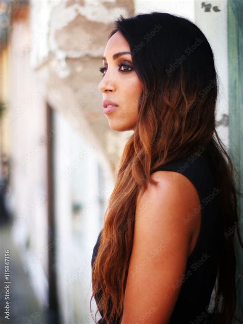 Summer Outfit Beautiful African Italian Woman Dressed With Black And Bronze Dress Black High