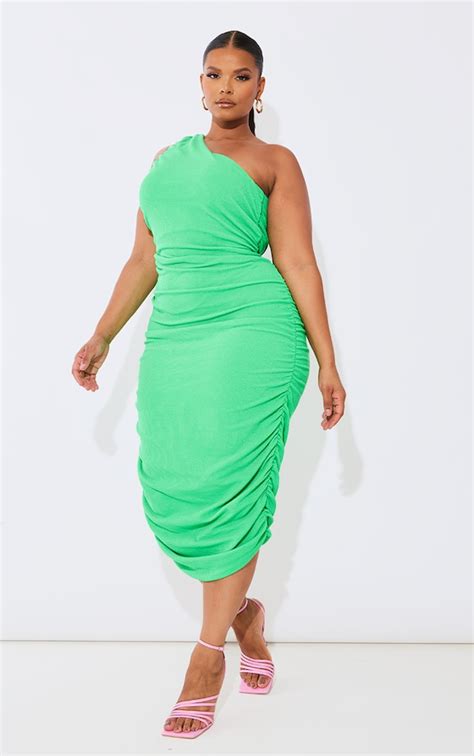 Plus Bright Green One Shoulder Ruched Midi Dress Prettylittlething Usa