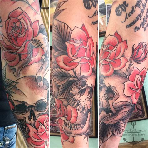 Skull And Rose Half Sleeve Tattoos