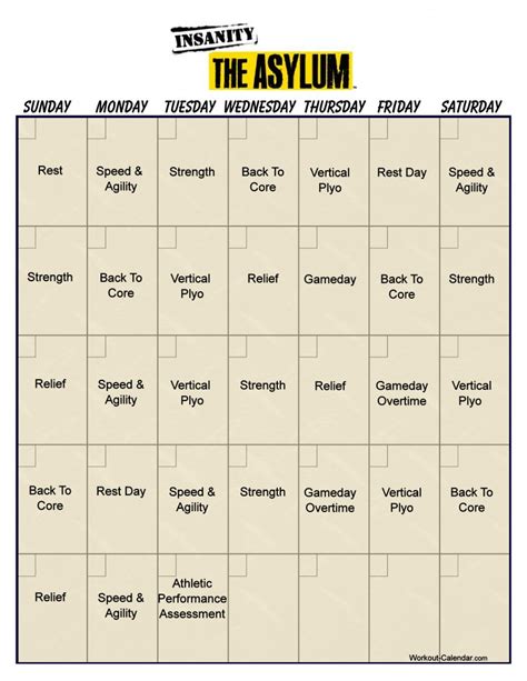 Asylum Workout Calendar Print A Workout Calendar