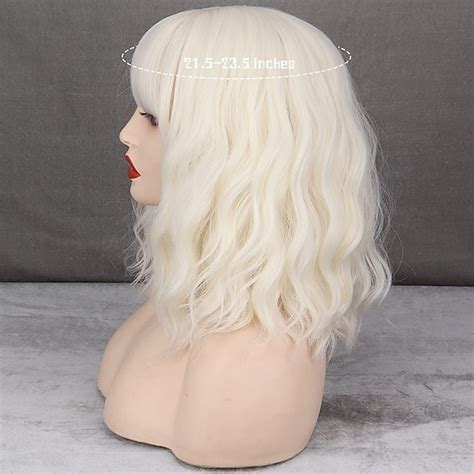 Short Platinum Blonde Wigs For Women White Blonde Wavy Wig With Bangs