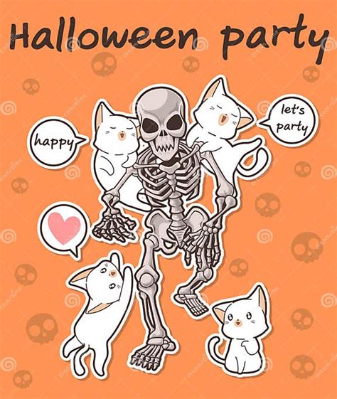 Kawaii Cats And Skeleton In Halloween Party Stock Vector Illustration