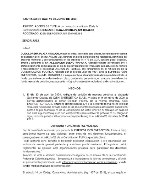 Tutela Por Violacion A Respuesta Derecho De Peticion Santiago De Cali