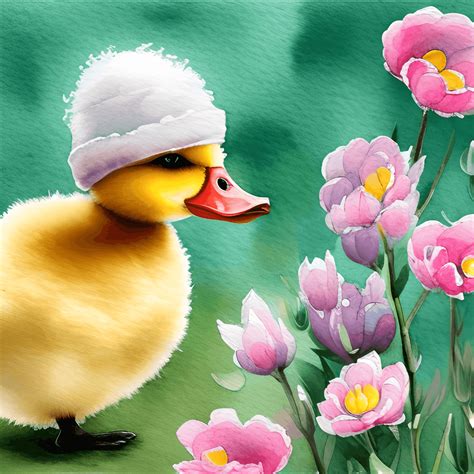 Cute Fluffy Baby Duck Wearing a Flowered Hat · Creative Fabrica