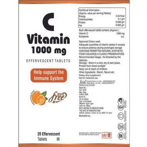 Sugar Free Vitamin C Ascorbic Acid 1000 Mg Effervescent Tablets Packaging Type Box At Rs 100