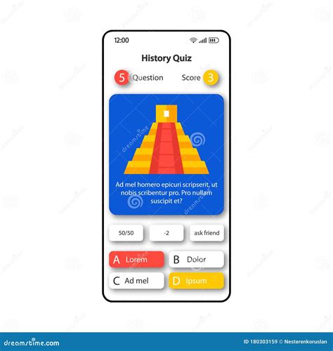 History Quiz Smartphone Interface Vector Template. Mobile App Page
