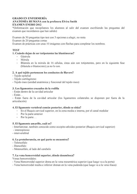 Examen anatomia enero GRADO EN ENFERMERÍA ANATOMÍA HUMANA con la