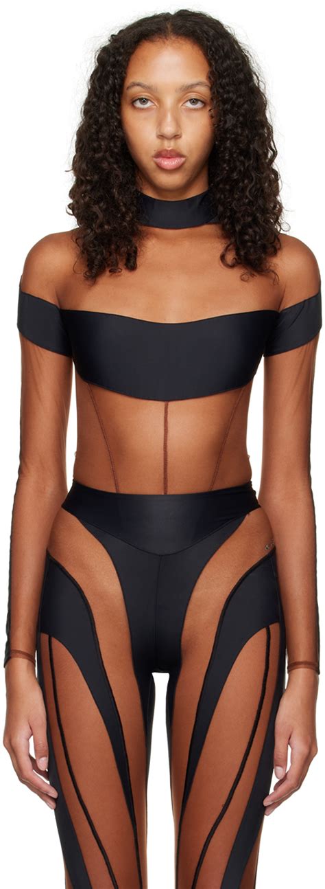 Mugler Black Illusion Sheer Bodysuit In Black Nude Modesens