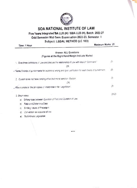 Sem I Ballb Question Paper Time Ho R Soa National Institute Of Law