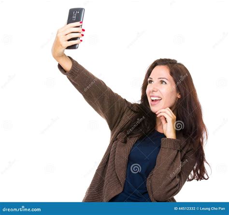 Woman Take Selfie With Mobile Phone Stock Photo Image Of Knitwear