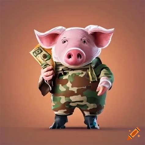 Pig Dressed In Military Camouflage Holding Money On Craiyon