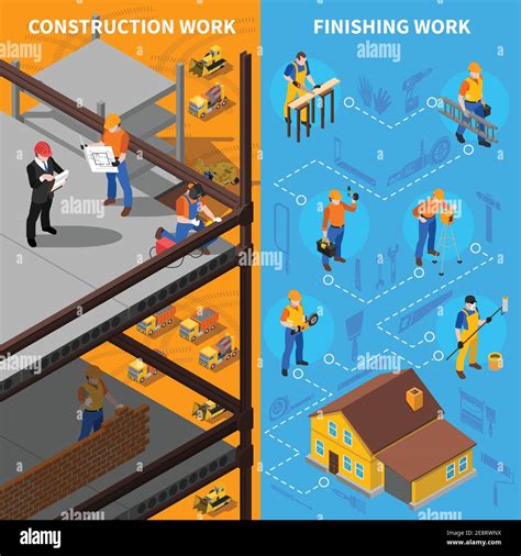 Construction Workers Isometric Concept Builders Vertical Banners