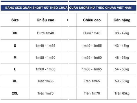 kg mac quan size gi bang size chuan cho nam va nu