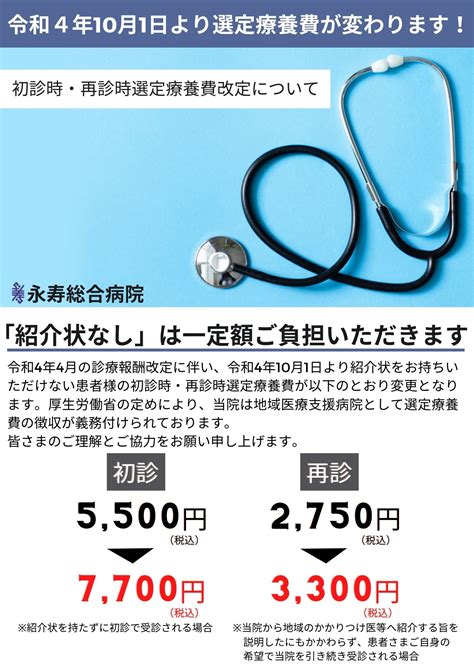 選定療養費改定のお知らせ令和4年10月1日より