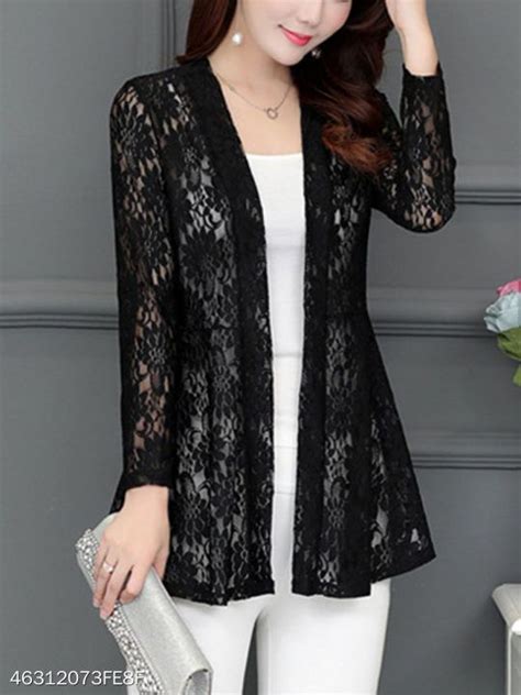 Collarless Lace See Through Plain Cardigan Berrylook Plain