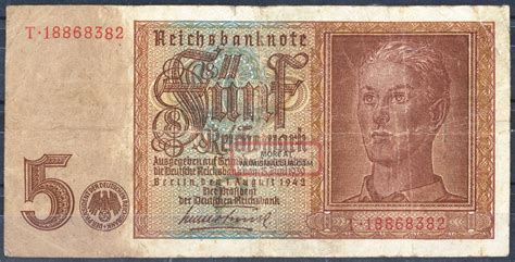 Germany 1942 Ww2 5 Reichsmark Swastika German Nazi Banknote Old Paper