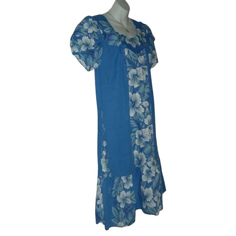 Vintage 80 S Kalena Fashions Of Hawaii Dress Flower Blue MuMu Hibiscus