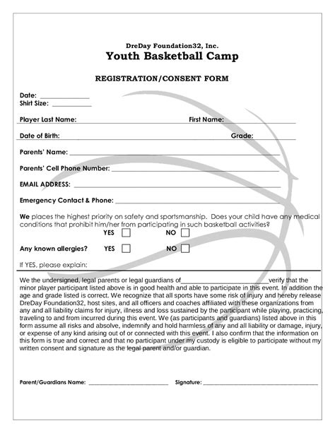 Basketball Camp Registration Form Template Word