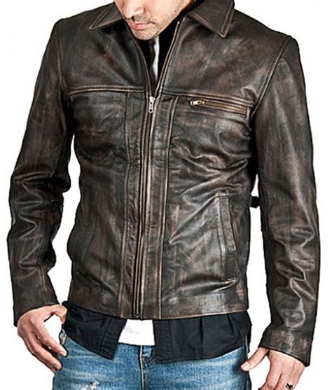 Mens Brown Distressed Leather Jacket Shirt Collar Zip Up Jacket Jackets Creator