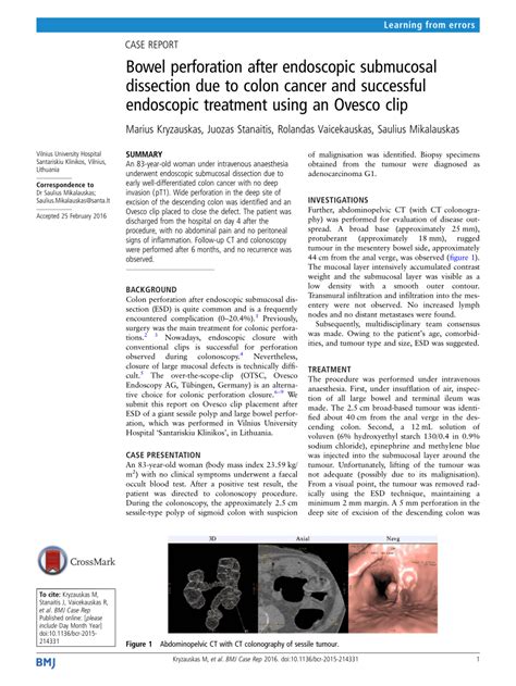 Pdf Bowel Perforation After Endoscopic Submucosal Dissection Due To Colon Cancer And