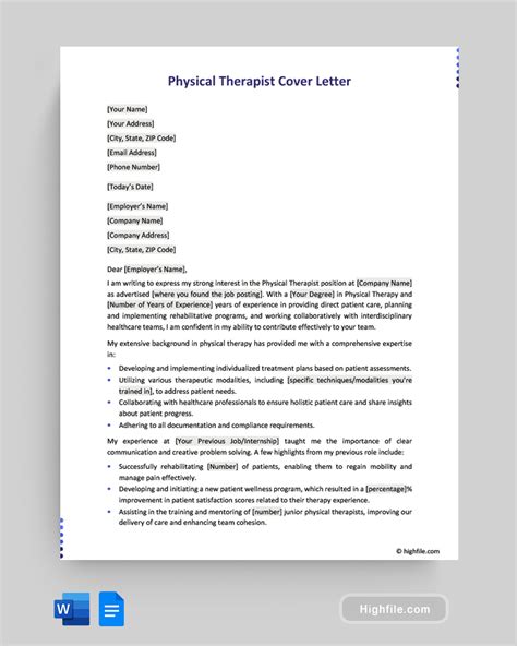 Physical Therapist Cover Letter Word Google Docs Highfile