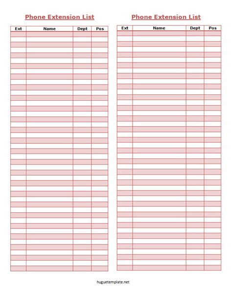 Free Printable Phone Extension List Template