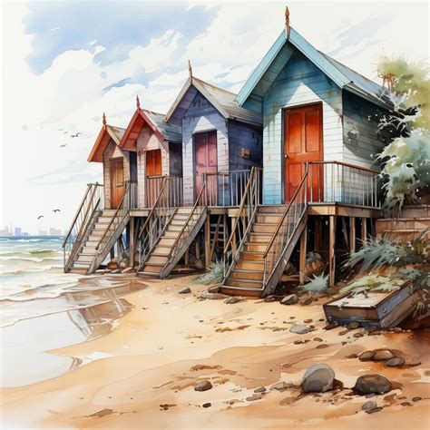 Beach Huts Watercolour Paint Clipart 4 High Quality Jpgs Instant