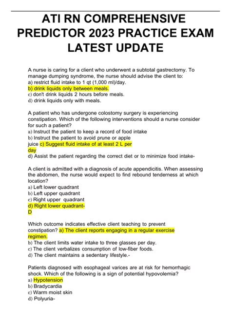 ATI RN COMPREHENSIVE PREDICTOR 2023 PRACTICE EXAM LATEST UPDATE - ATI