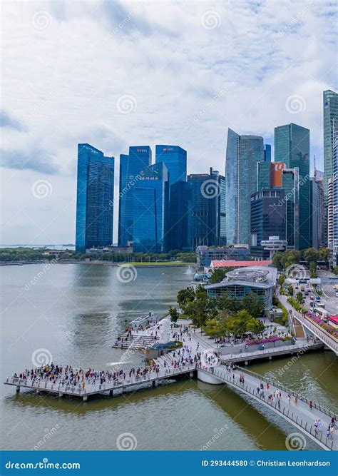 Aerial View of Merlion with Crowded Tourists. the Icon of Singapore