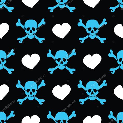 Blue Skulls And White Hearts On Black Background Seamless Pattern