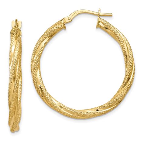 14k Yellow Gold Twisted Polished And Textured Hoop Earrings 191101364884 Ebay