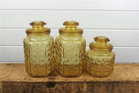 3 Piece Vintage Amber Glass Canister Set With Atterbury Scroll Etsy