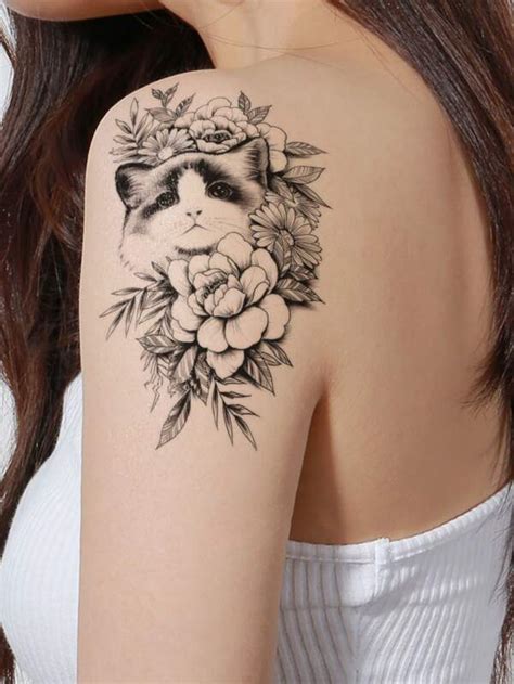 Sticker De Tatouages Feuille Fleur Motif Chat Tatouages