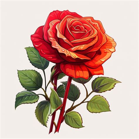 Un Dibujo De Una Rosa Roja Con Hojas Verdes Foto Premium