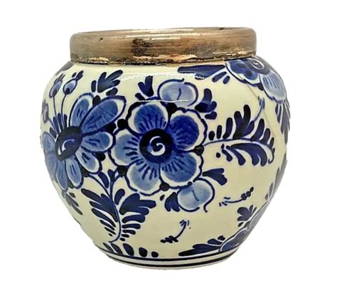 Antik Vase Sterling Silber Montur Keramik Porzellan Delft Blau