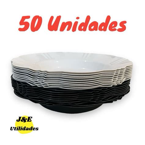 Kit 50 Pratos Plástico Redondo Fundo Bordas Refeição Festa